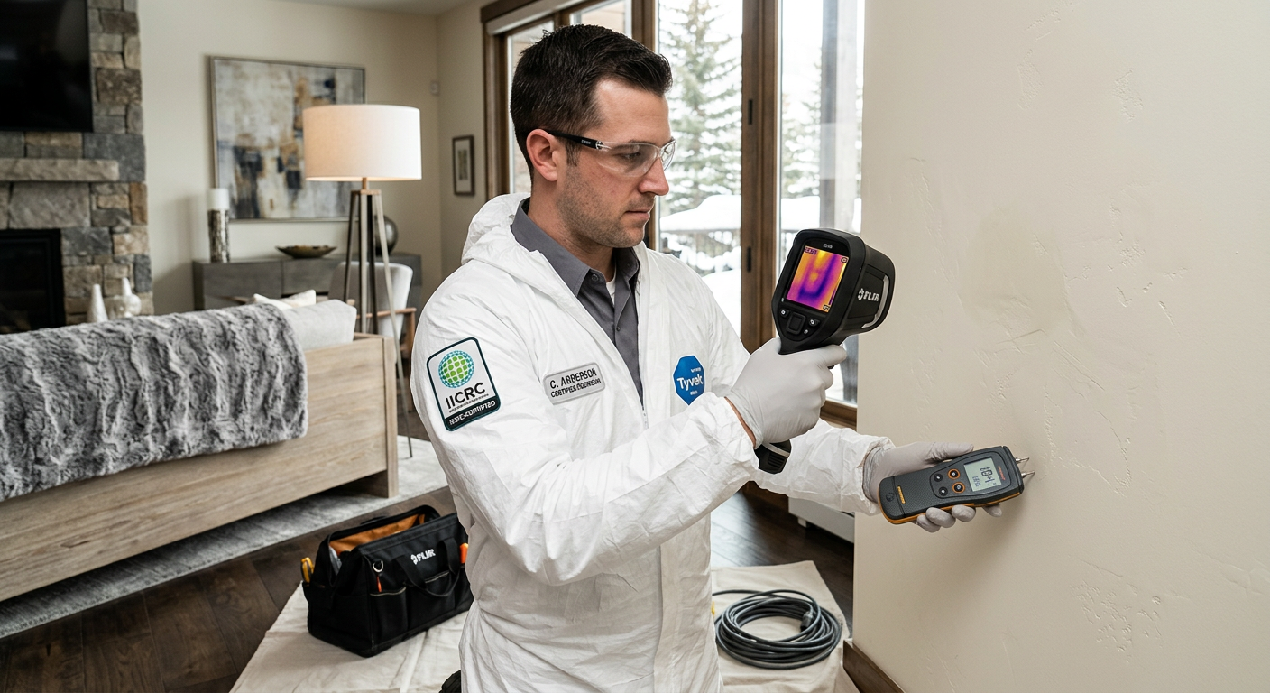 Mold Remediation Snowmass Village Cost: What to Expect in 2026 | Water Damage Cleanup & Restoration Company in Aspen | Helpers Photorealistic close-up of a certified restoration technician using a moisture meter and thermal imaging device on a drywa...