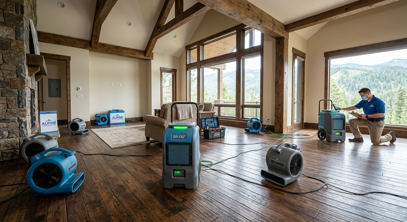 Flood Damage Cleanup Roaring Fork Valley: Fast Emergency Steps | Water Damage Cleanup & Restoration Company in Aspen | Helpers Photorealistic wide interior view of a clean, partially dried mountain property restoration site, air movers and dehumidif...
