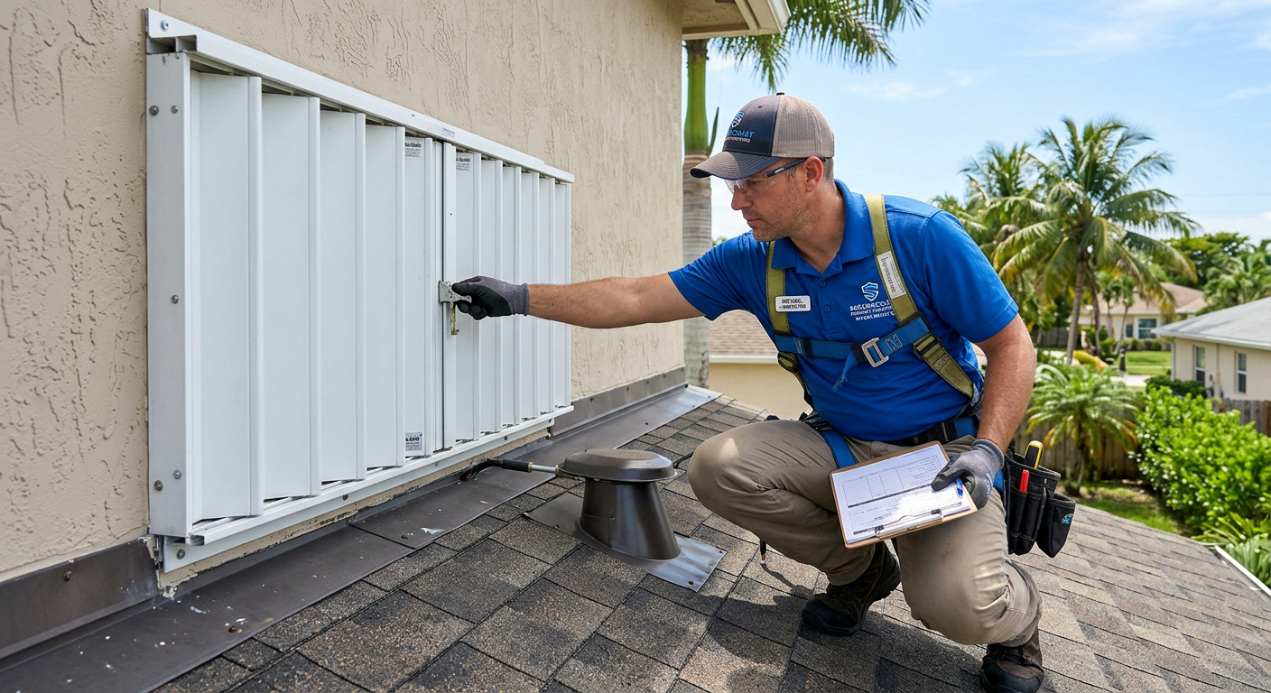 Detailed photorealistic close-up of a property inspection in South Florida, showing an inspector examining a modern roof a...