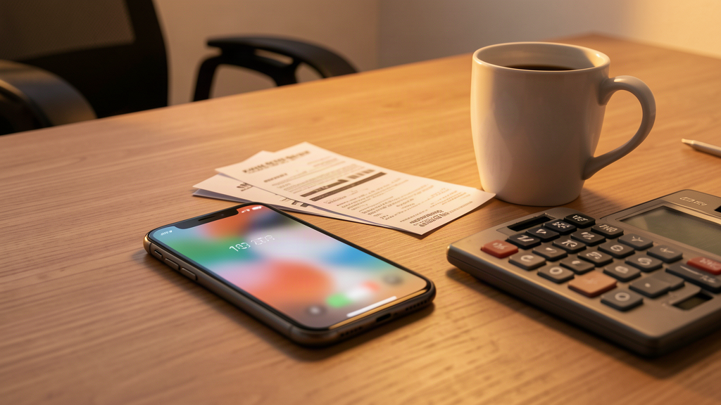 A small business desk at the end of a workday, with a smartphone, receipts, and a calculator showing the cost of calls that go unanswered