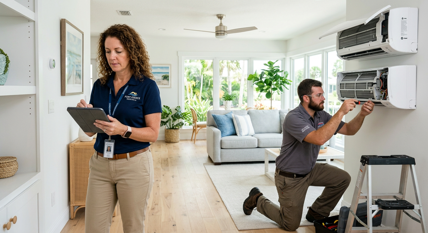Photorealistic mid-distance scene inside a bright Fort Pierce rental home, local property manager completing a documented ...