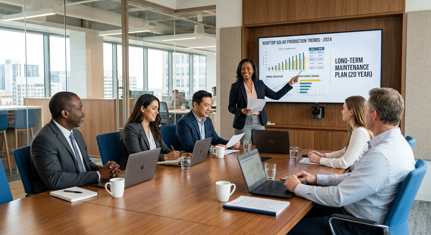 Professional meeting in a modern commercial property conference room, solar dealer presenting a long-term maintenance plan...