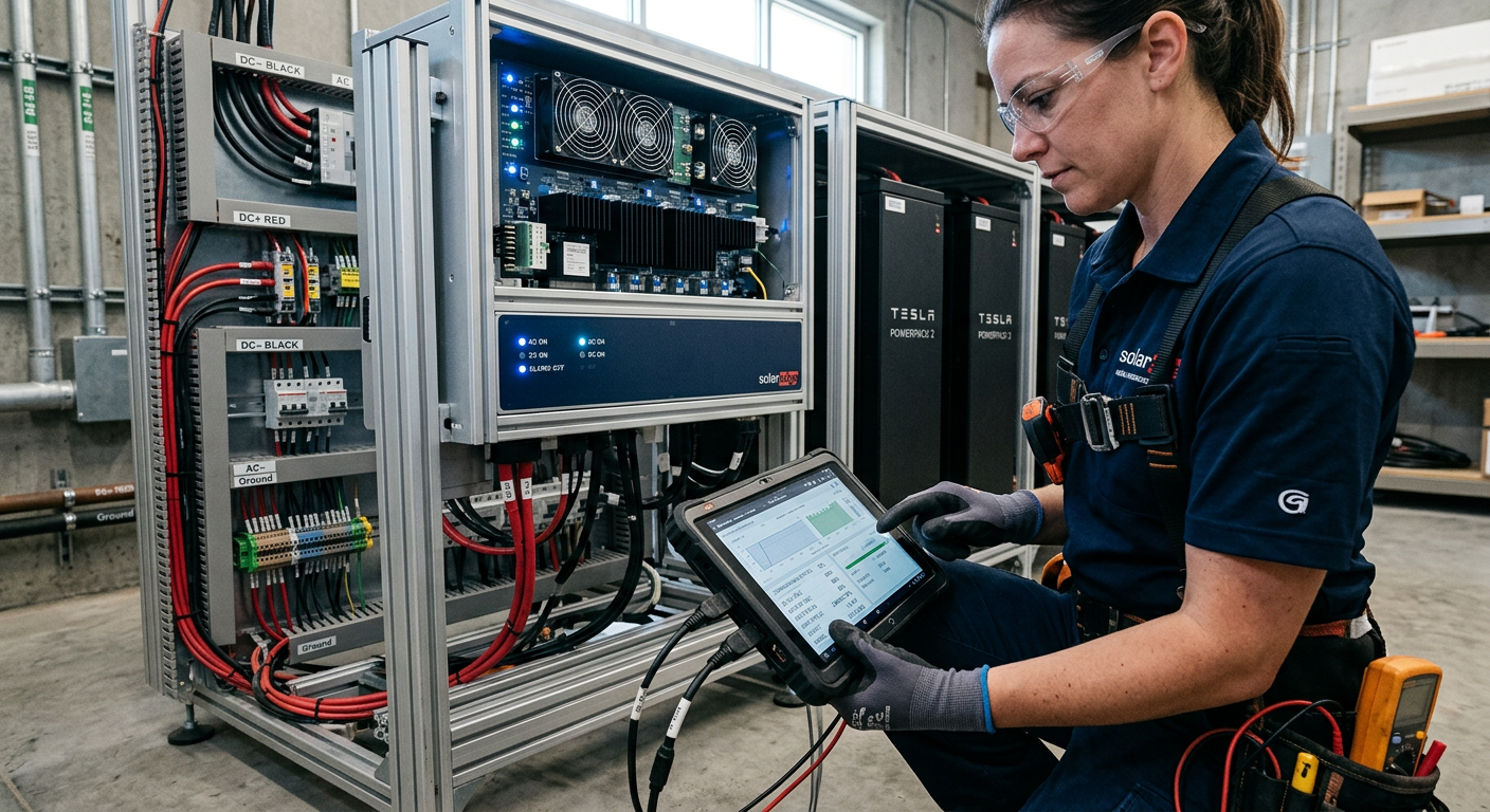 Independent Solar | Commercial Solar Installation Problems: Prevent Delays and Rework Detailed photorealistic close-up of a solar technician performing commissioning tests at a commercial inverter and battery...