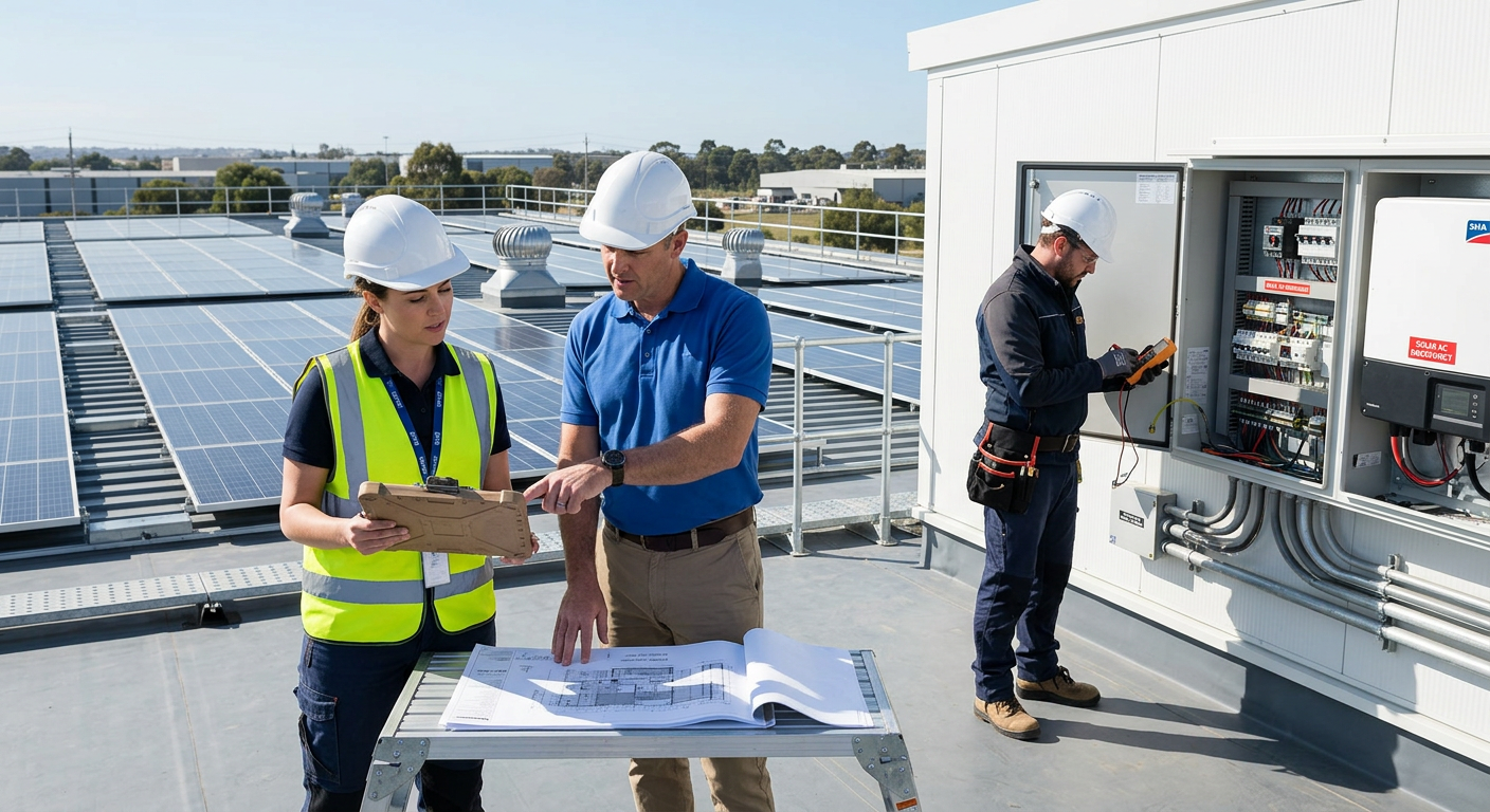 Independent Solar | Commercial Solar Installation Problems: Prevent Delays and Rework Photorealistic commercial solar site walk, showing an engineer and facility manager reviewing rooftop plans while another ...