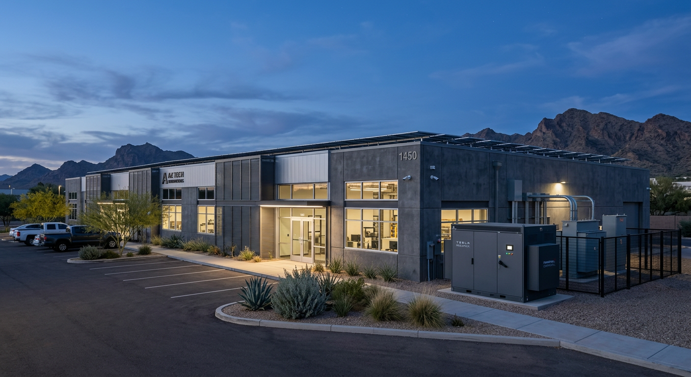 Independent Solar | Commercial Solar Dealer Program Arizona: Partner With Confidence Photorealistic evening exterior of a modern Arizona light-industrial building with solar panels on the roof and a sleek co...