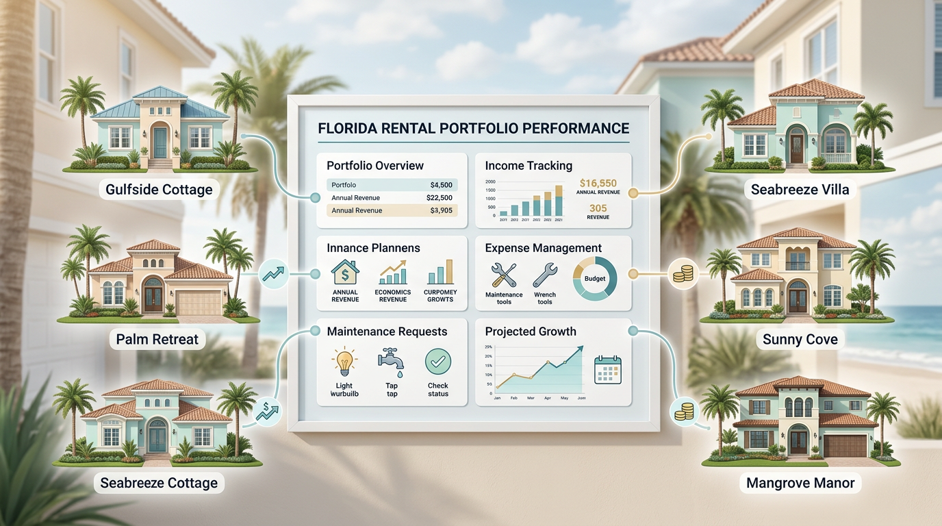 Modern editorial illustration of a Florida rental portfolio shown as several distinct single-family homes connected to a c...