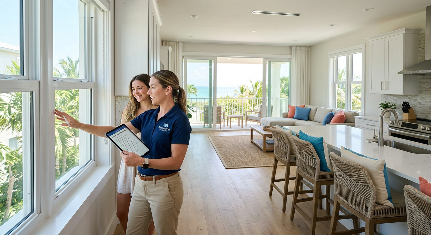 Photorealistic interior of a bright South Florida rental home, showing a property manager conducting a detailed walk-throu...