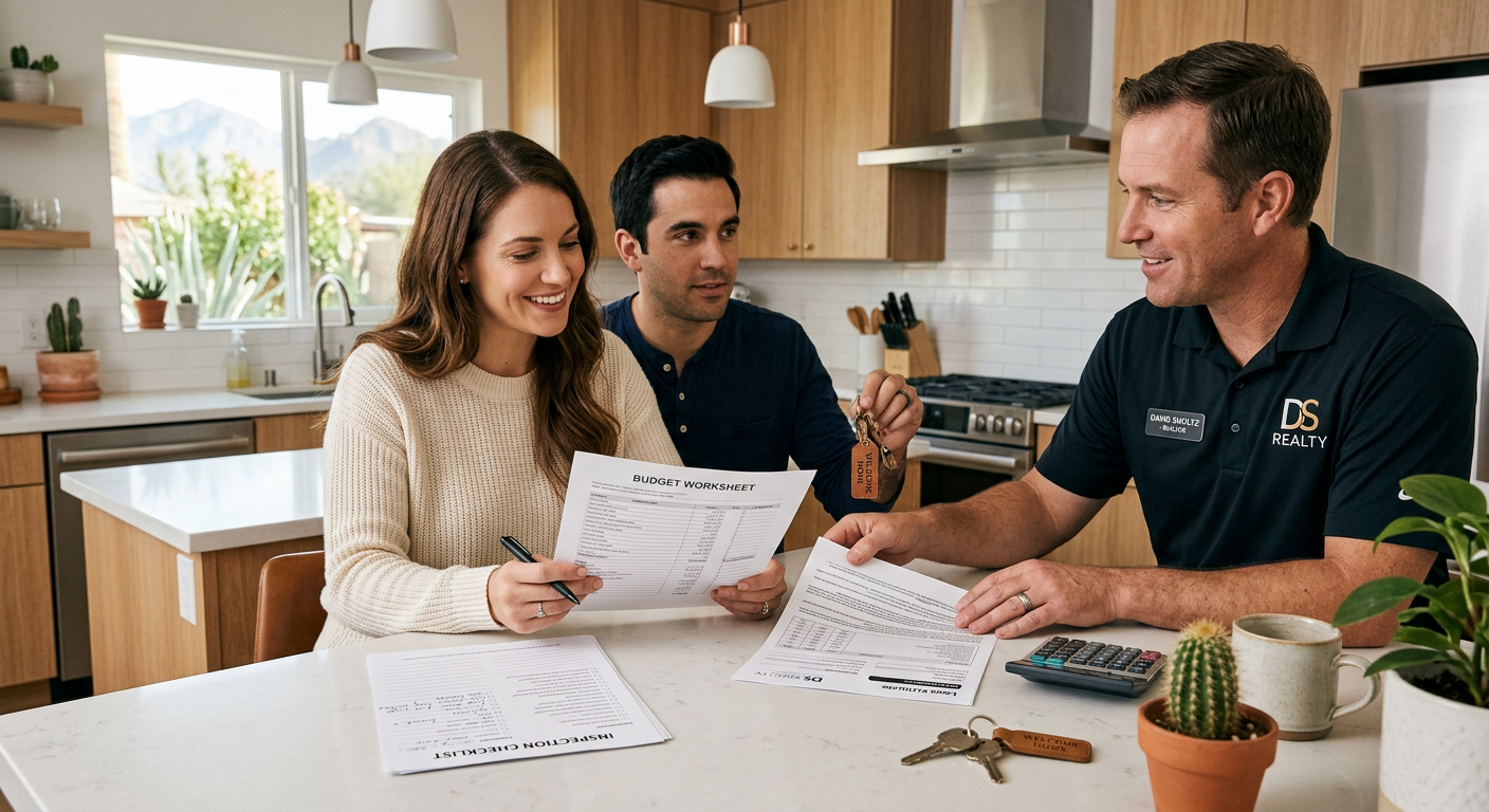 First Time Home Buyer Phoenix: A Smart Path to Your First Home Photorealistic close-up of first-time buyers at a kitchen island reviewing a budget worksheet, loan estimate, inspection c...
