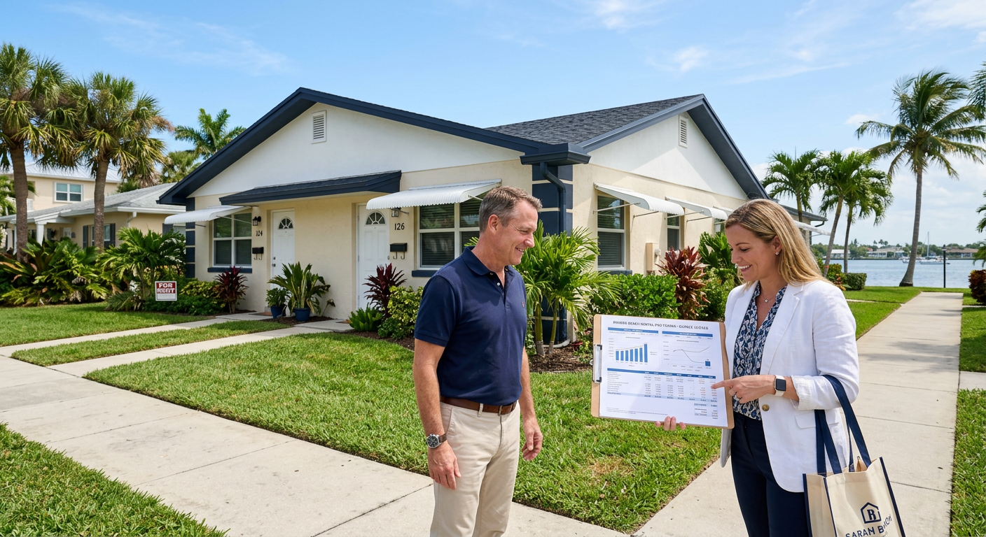 Photorealistic scene of an investor and local real estate professional reviewing a rental-property pro forma outside a wel...