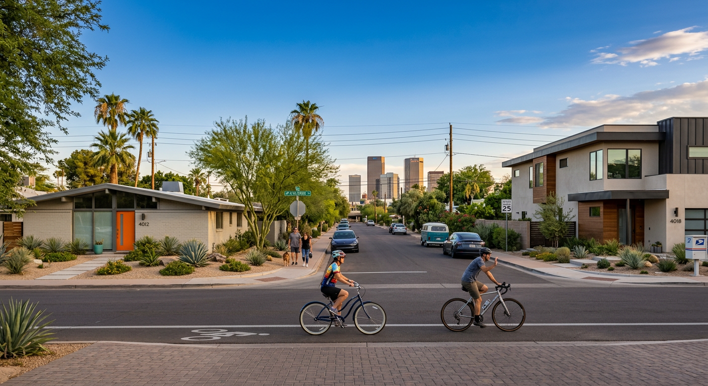 Photorealistic street-level scene in central Phoenix showing renovated mid-century homes beside tasteful new infill reside...