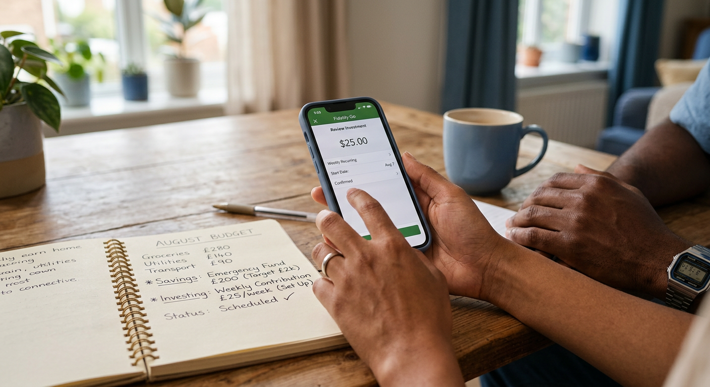 Photorealistic close-up of diverse hands using a phone to schedule a small weekly investment while a notebook shows a simp...