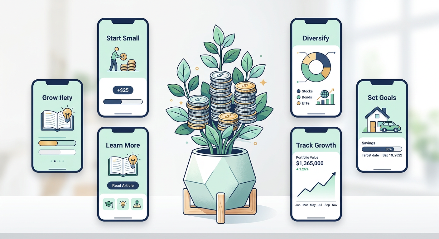 Clean modern illustration of five different smartphone screens arranged around a growing plant made of coins and leaves, e...
