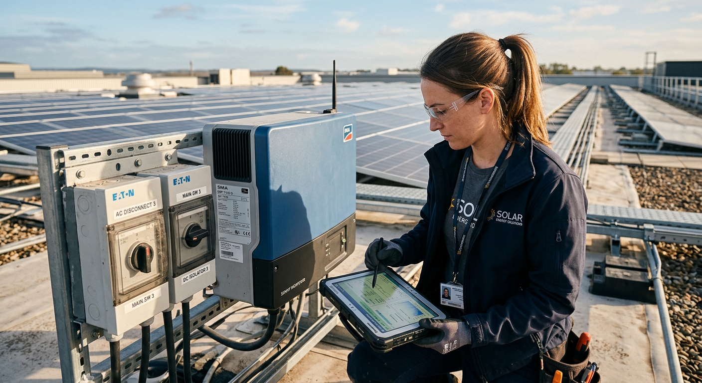 Photorealistic close-up of a commercial solar technician using a tablet beside an inverter and electrical disconnects, roo...