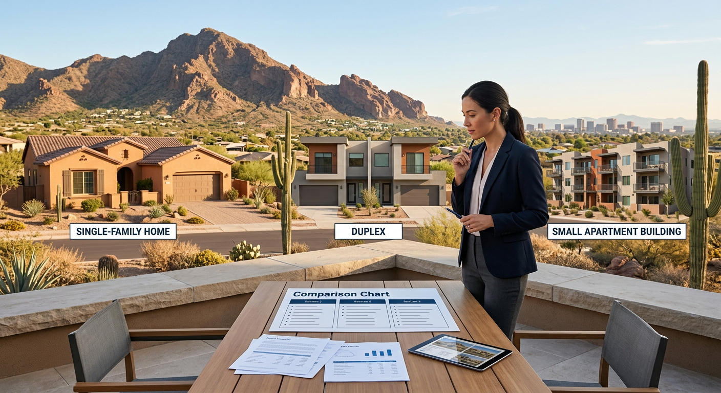 Modern editorial illustration of an investor comparing three Phoenix property options, including a single-family home, dup...