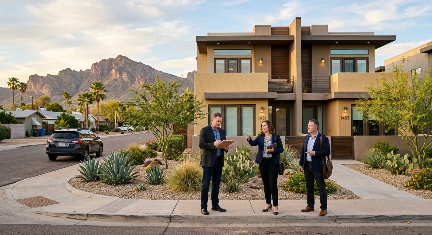 Photorealistic street-level scene of a Phoenix duplex with desert landscaping and a professional investor reviewing proper...