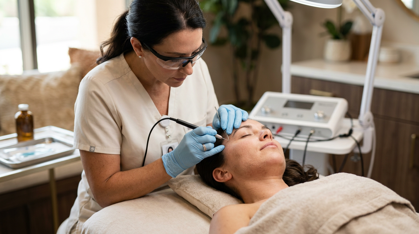 Photorealistic close-up of a licensed electrologist wearing gloves performing a precise facial electrolysis treatment for ...