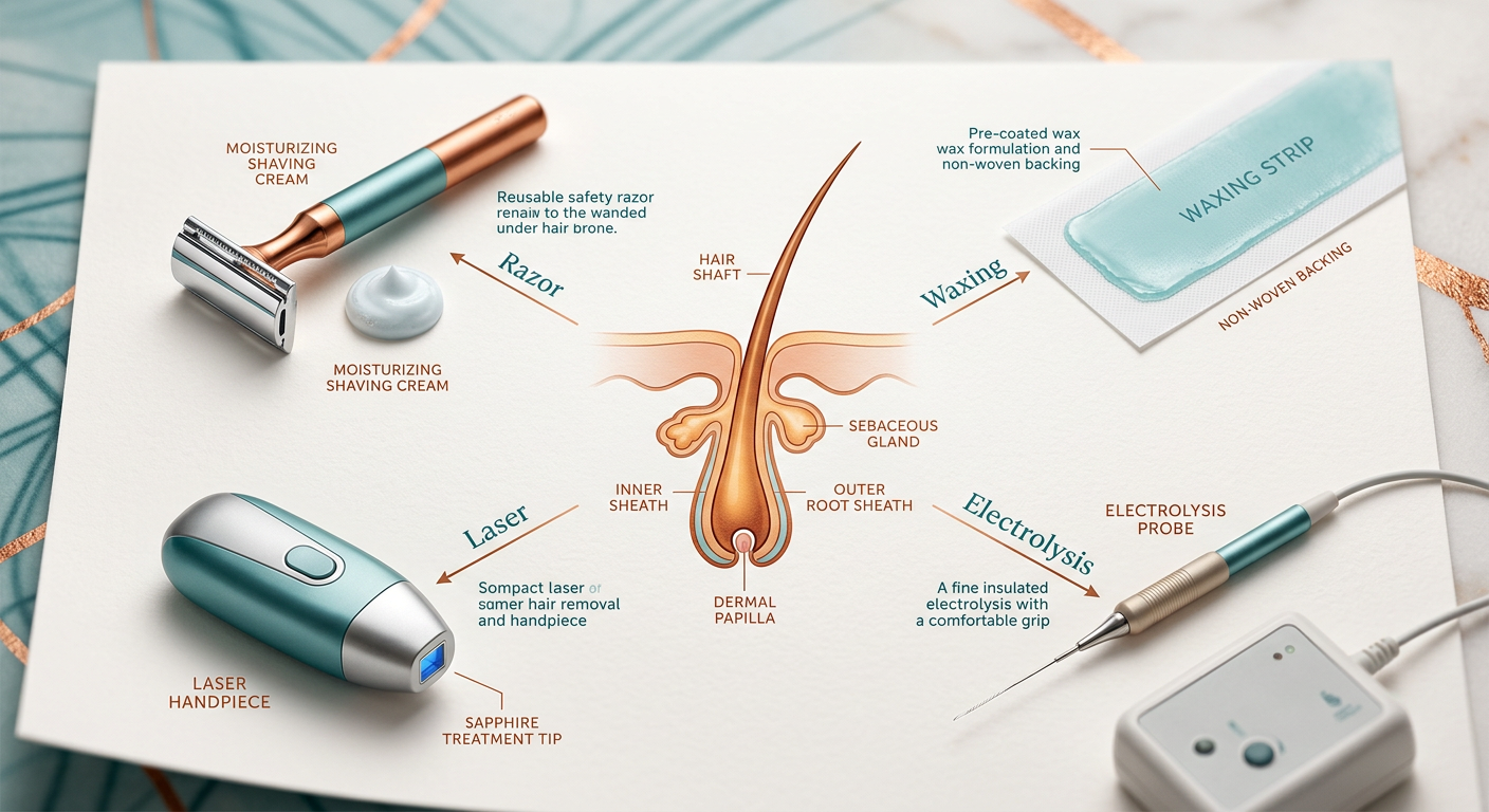Clean, modern editorial illustration showing four hair-removal paths, a razor, waxing strip, laser handpiece, and electrol...