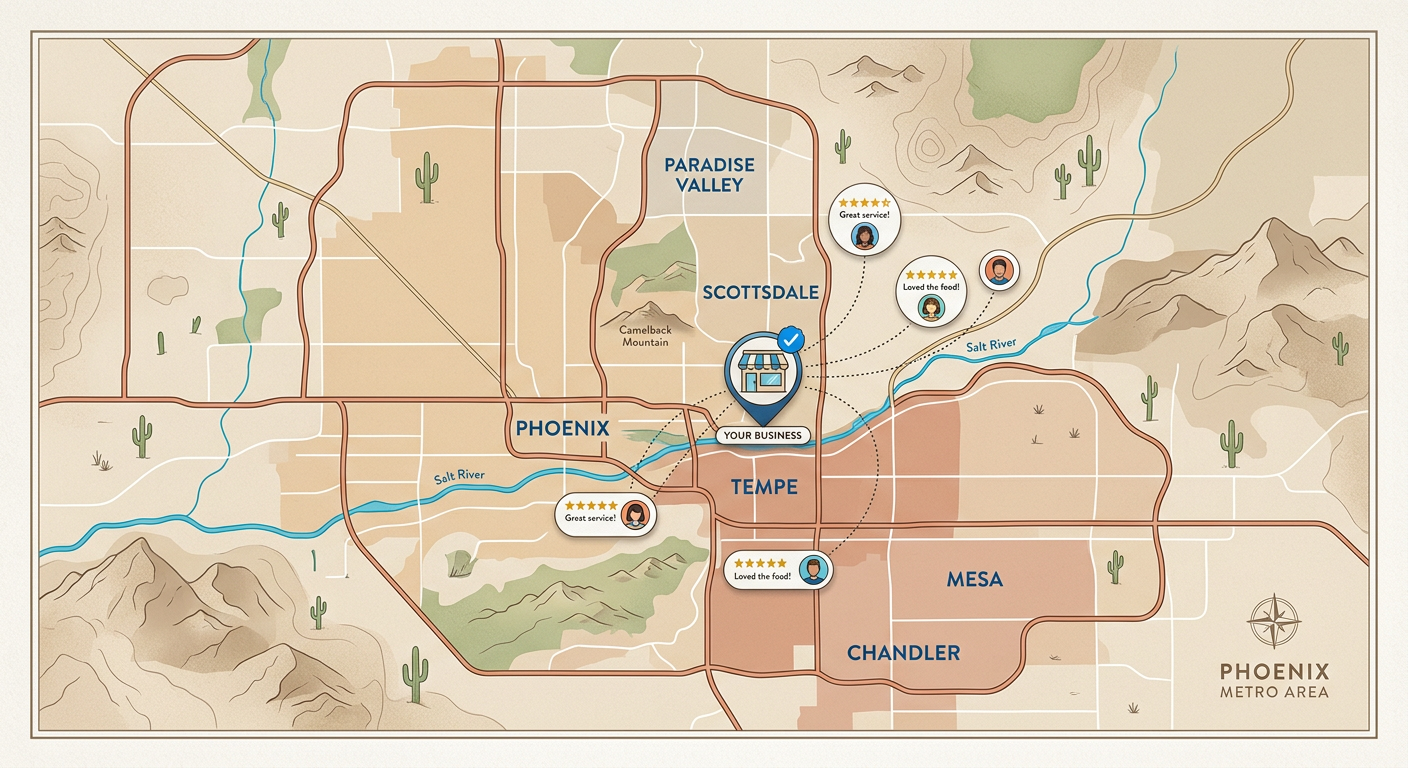 Modern illustrative map of the Phoenix metro area with subtle neighborhood markers for Scottsdale, Tempe, Mesa, Chandler, ...