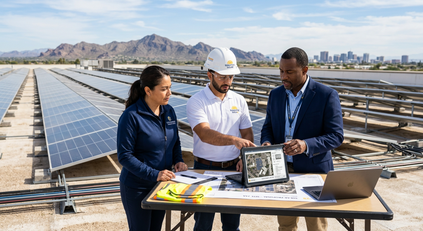 Independent Solar | Commercial Solar Dealer Program Arizona: Partner With Confidence Photorealistic commercial solar planning meeting on a sunny Arizona rooftop, diverse dealer representative, facility manag...