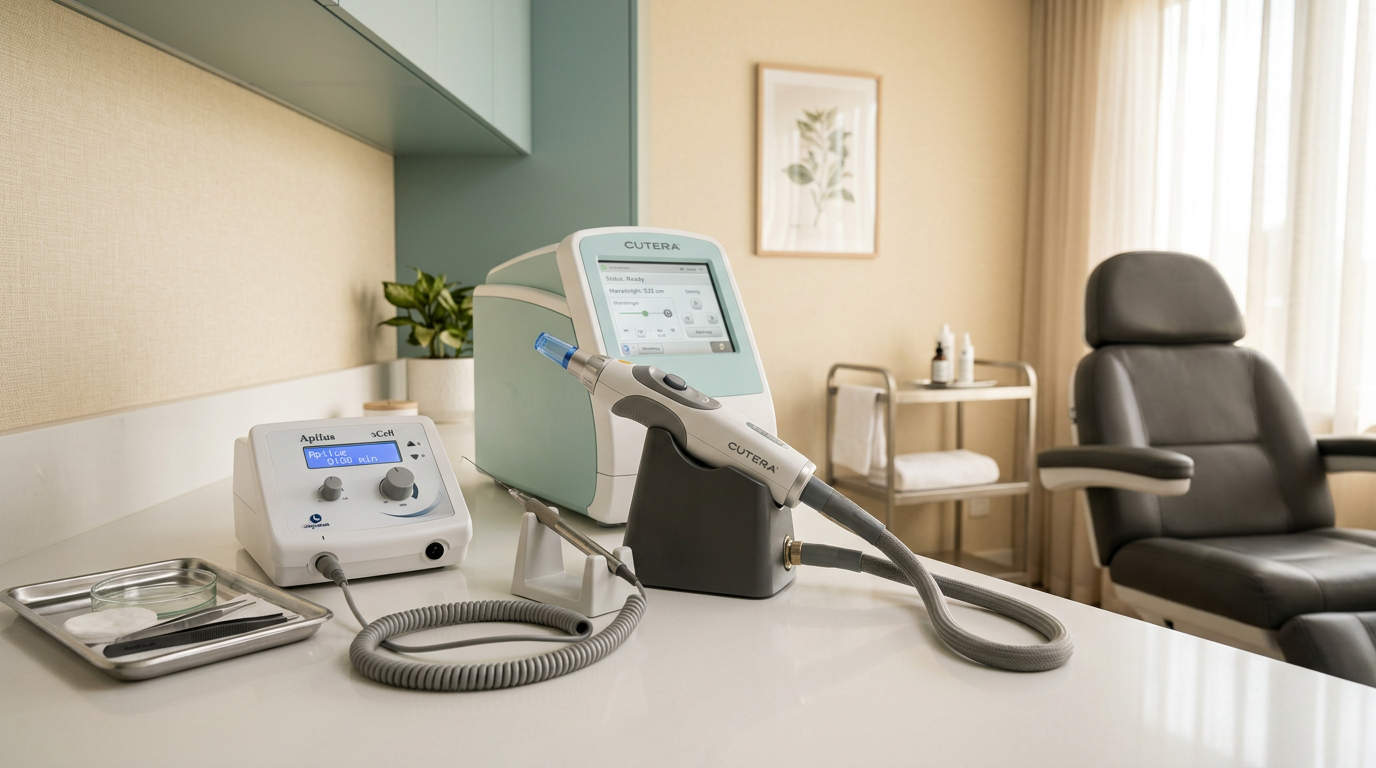 Photorealistic close-up of a clean, professional treatment room with an advanced laser handpiece and an electrolysis works...