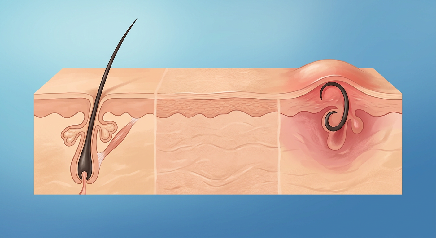 Ingrown Hair Treatment Options: A Phoenix Guide to Smoother Skin | Electrolysis Permanent Hair Removal in Phoenix | Senza Pelo Med Spa Clean editorial illustration of a hair follicle shown in cross-section beside calm skin and an inflamed ingrown hair bump,...
