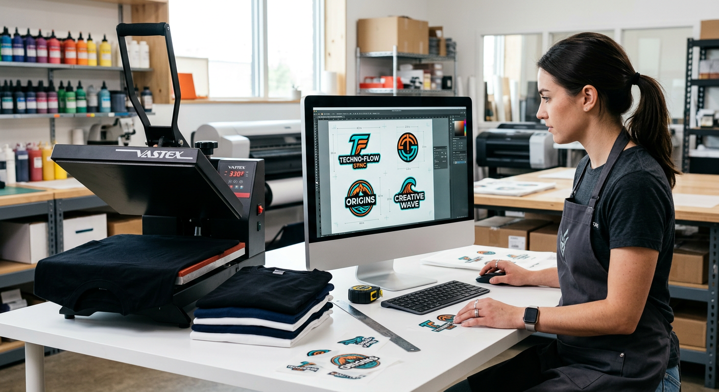 Clean editorial-style close-up of a designer arranging colorful DTF artwork on a digital canvas beside a heat press and fo...
