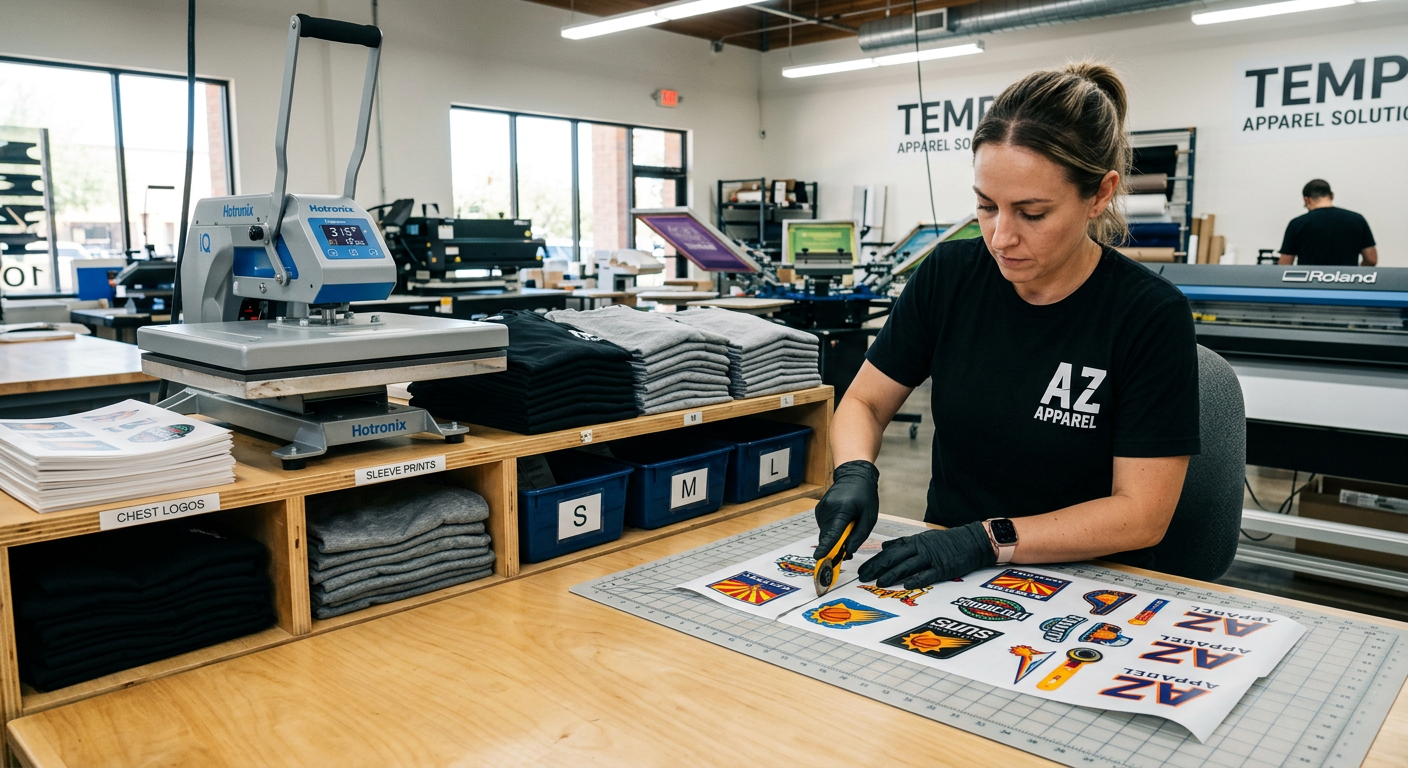Photorealistic apparel production scene showing a heat press operator cutting a completed DTF gang sheet into organized lo...
