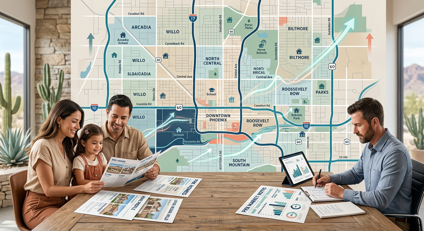 Modern editorial illustration of a Phoenix street map with subtle neighborhood blocks, a family reviewing home listings, a...