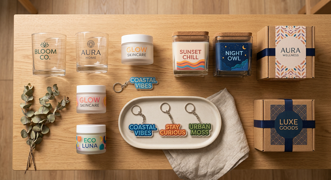 Photorealistic overhead scene of assorted branded hard goods, including glass tumblers, cosmetic jars, acrylic keychains, ...