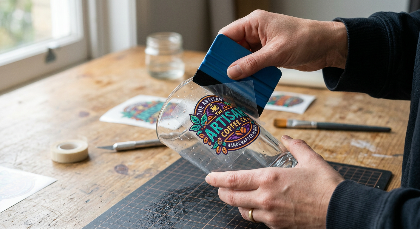 Detailed photorealistic close-up of hands applying a colorful UV DTF logo decal to a clear glass tumbler with a soft squee...
