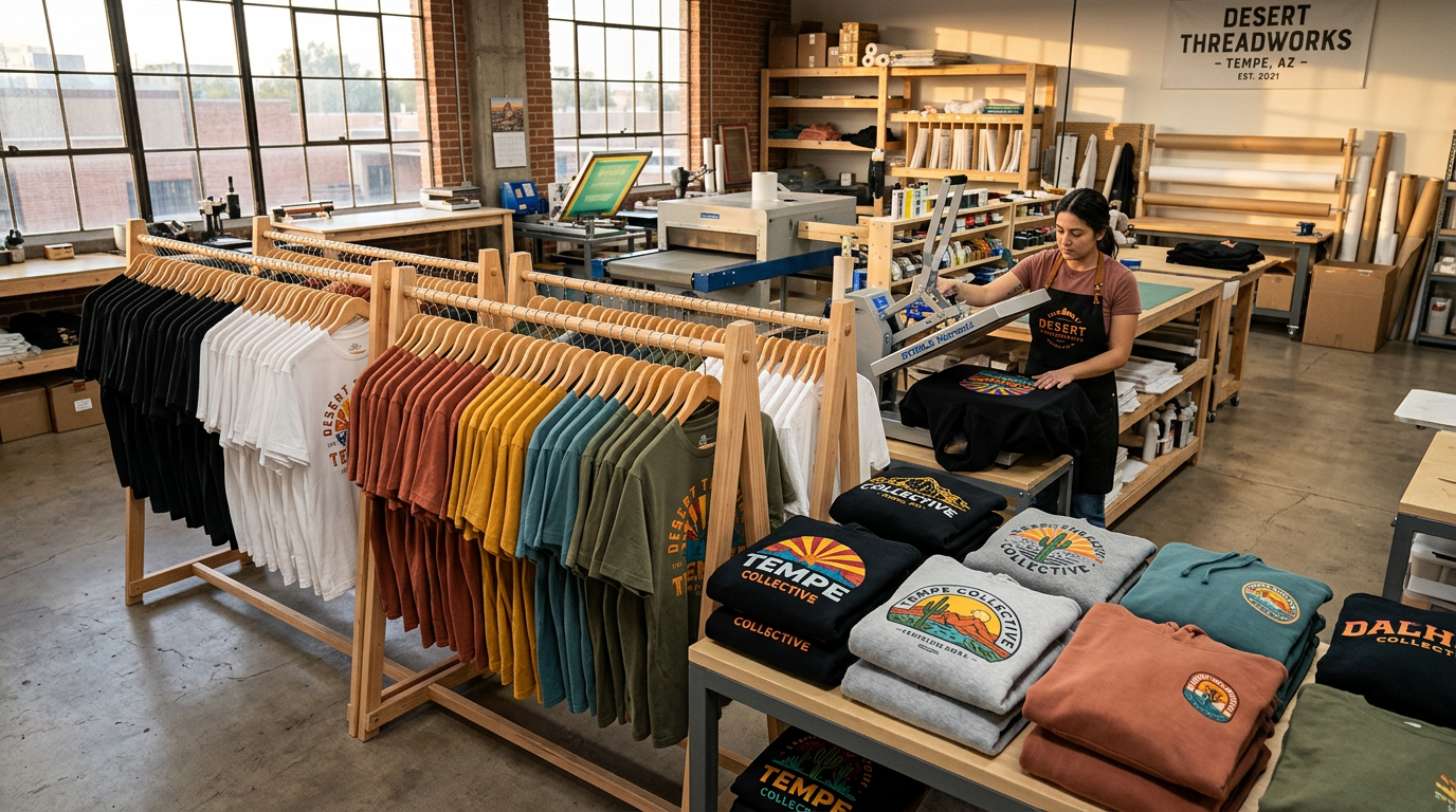 Photorealistic wide shot of a finished apparel collection in a Tempe production studio, black, white, and colorful T-shirt...