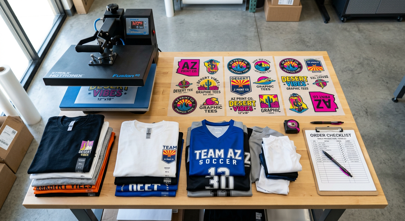 Photorealistic overhead view of a production table with colorful DTF gang sheets, a matte-black heat press, folded cotton ...