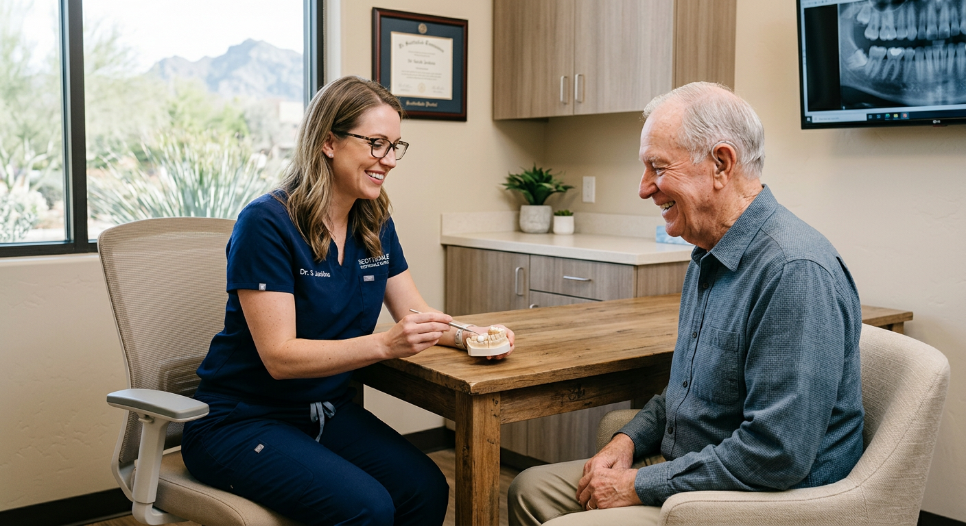 Scottsdale Dentist 85250: Your Guide to Comfortable Dental Care | Scottsdale Dentist | Cosmetic & Family Dentist 85250 Photorealistic image of a female dentist seated at eye level with a smiling older American patient, discussing a tooth res...