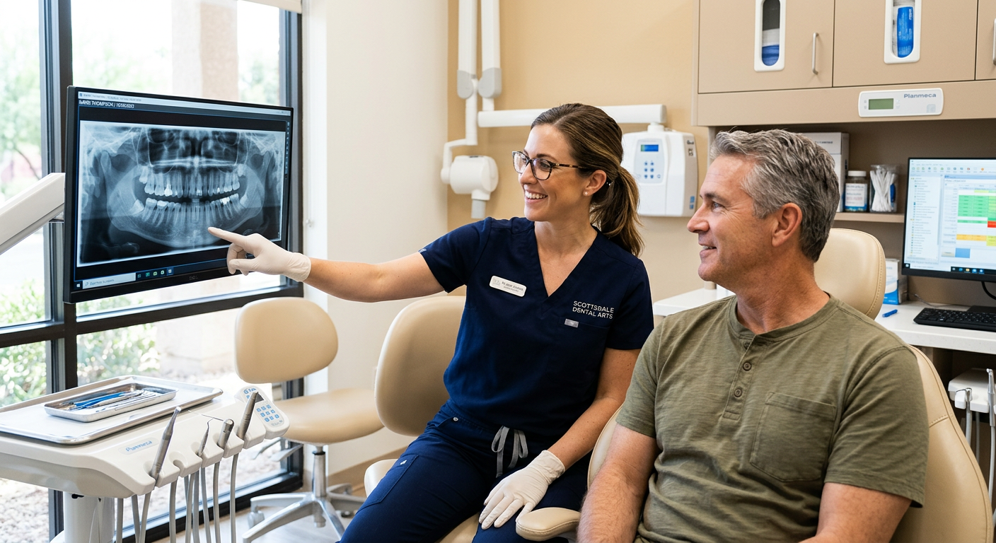 Scottsdale Dentist 85250: Your Guide to Comfortable Dental Care | Scottsdale Dentist | Cosmetic & Family Dentist 85250 Photorealistic image of a female dentist wearing professional clinical attire reviewing a digital dental X-ray with an Ame...