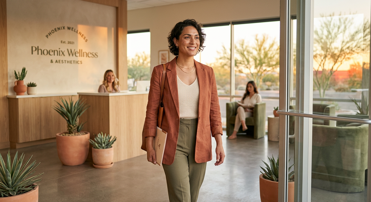 Photorealistic portrait of a confident transgender adult leaving a refined Phoenix med spa after a consultation, natural s...