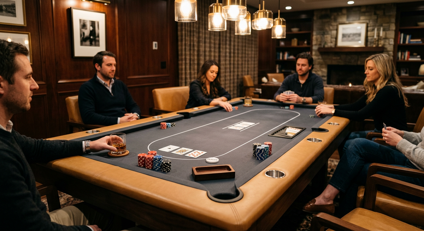 Photorealistic close interior view of a rectangular custom pool table poker table combo during an intimate poker night, th...