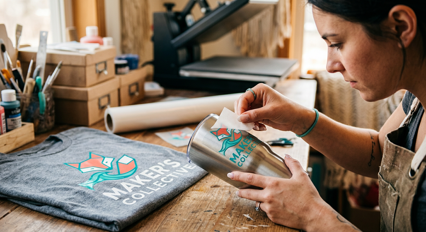 Photorealistic close-up of a creator peeling a glossy UV DTF logo decal onto a stainless steel tumbler beside a heat-press...