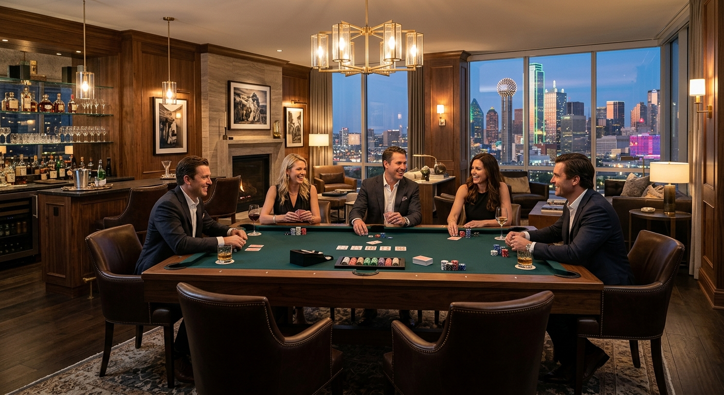Photorealistic wide-angle evening interior photograph of an elegant Dallas penthouse entertainment room, one rectangular s...