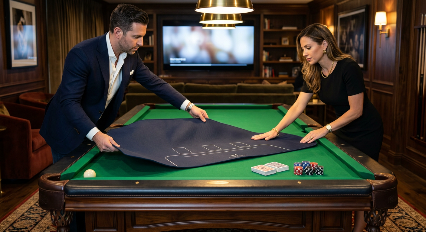 Photorealistic close interior photograph of one luxury rectangular six-pocket pool table in a Beverly Hills media room, sh...