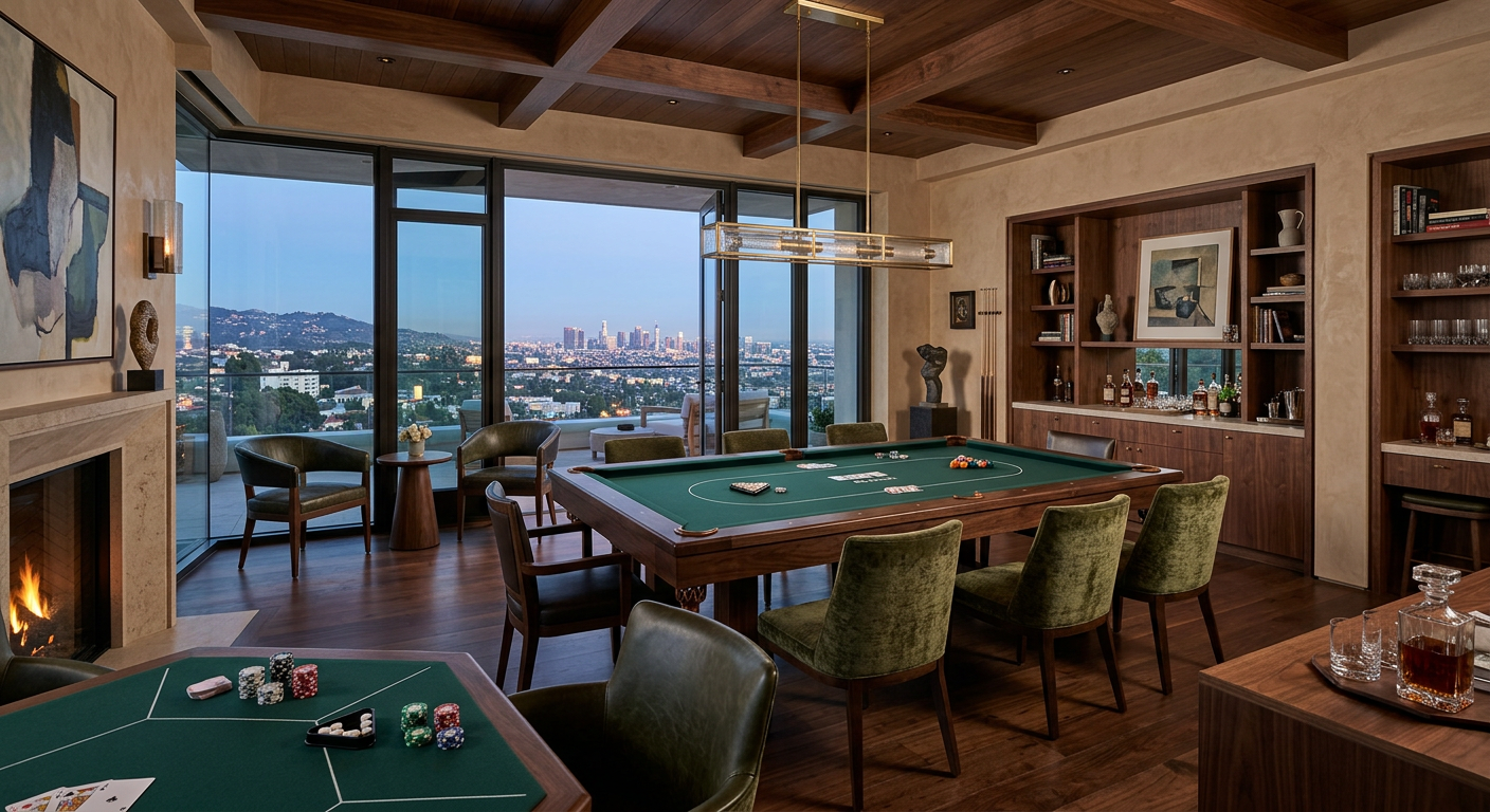 Photorealistic wide-angle luxury interior photograph of a Beverly Hills penthouse entertainment room featuring one rectang...