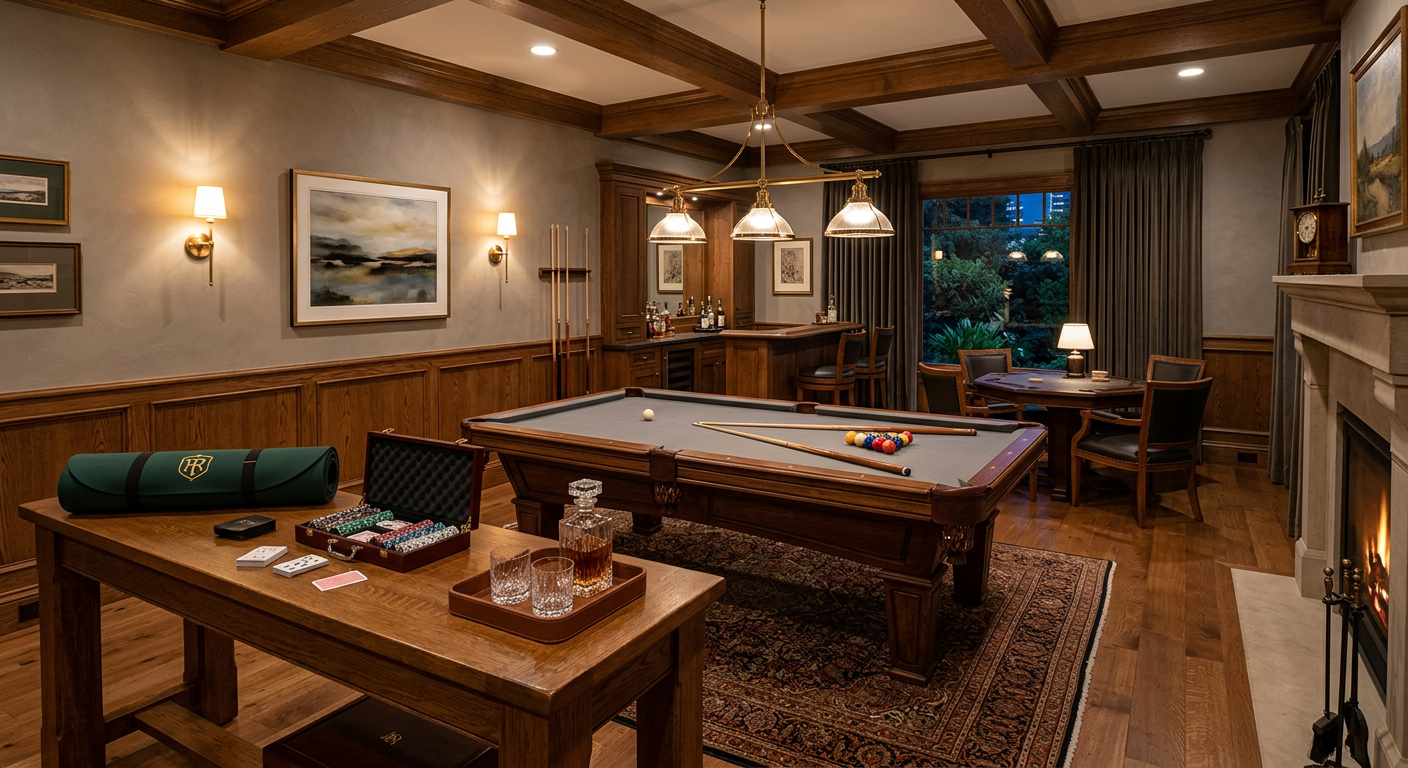 Photorealistic luxury home game room viewed from a slightly elevated angle, one rectangular six-pocket pool table restored...