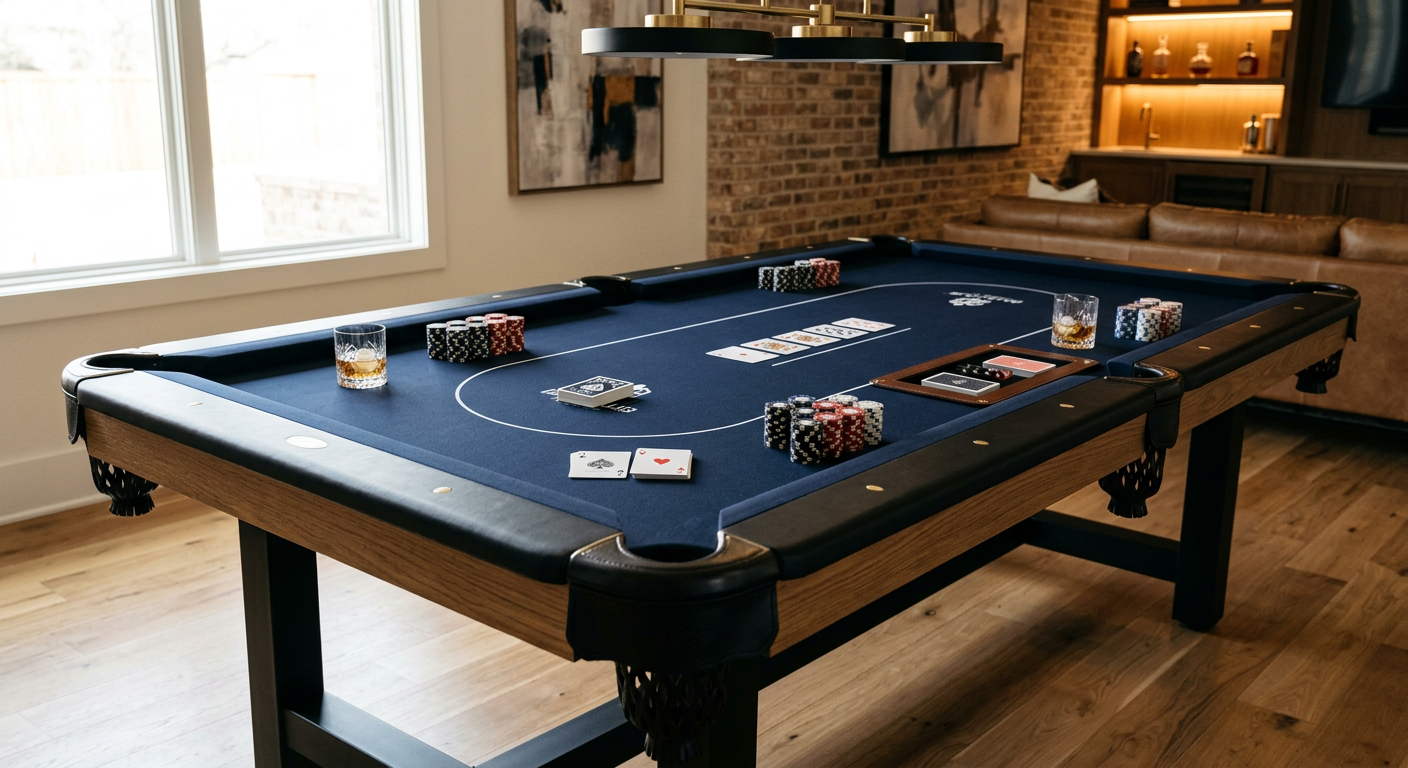 Photorealistic close interior view of a rectangular luxury pool table in a Dallas contemporary home, thin navy neoprene po...
