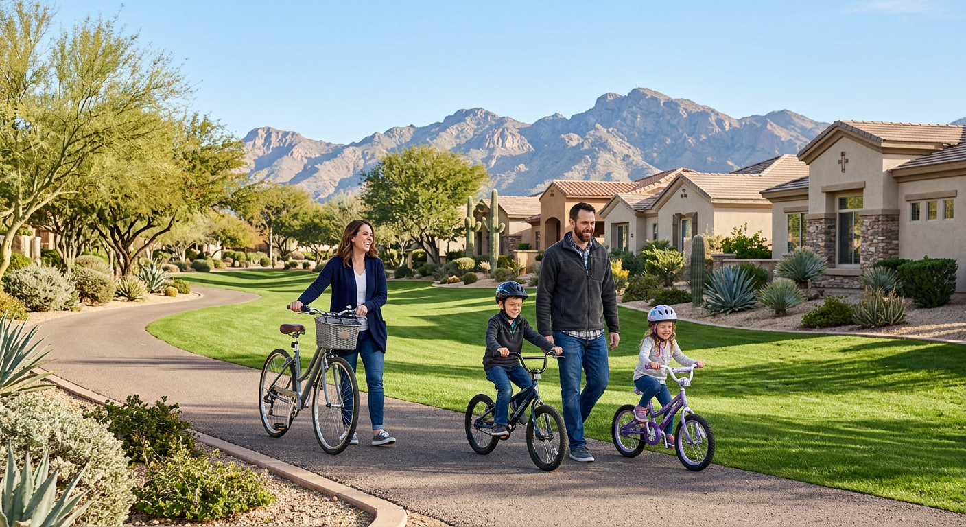 Photorealistic family walking beside a landscaped Scottsdale neighborhood greenbelt on a bright winter morning, with mount...