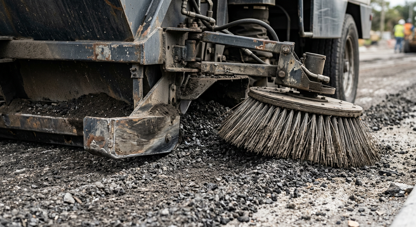 Photorealistic close-up of an unbranded mechanical broom street sweeper pickup area on a Florida asphalt milling job, show...