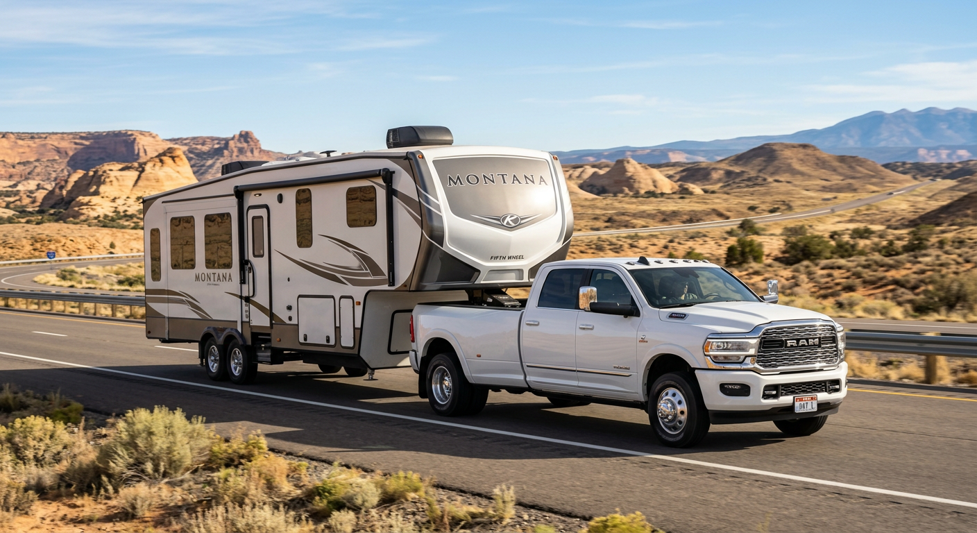 Truck Trade In Value Factors That Shape Your Dealer Offer Today A white Ram 3500 dually towing a fifth-wheel trailer on an open highway, realistic automotive photography with clear towin...