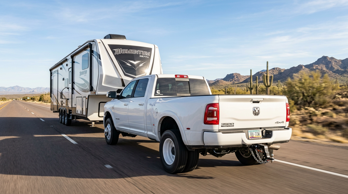 Photorealistic Ram 3500 dually with a Cummins diesel engine towing a fifth-wheel camper on a wide Arizona highway, clear v...