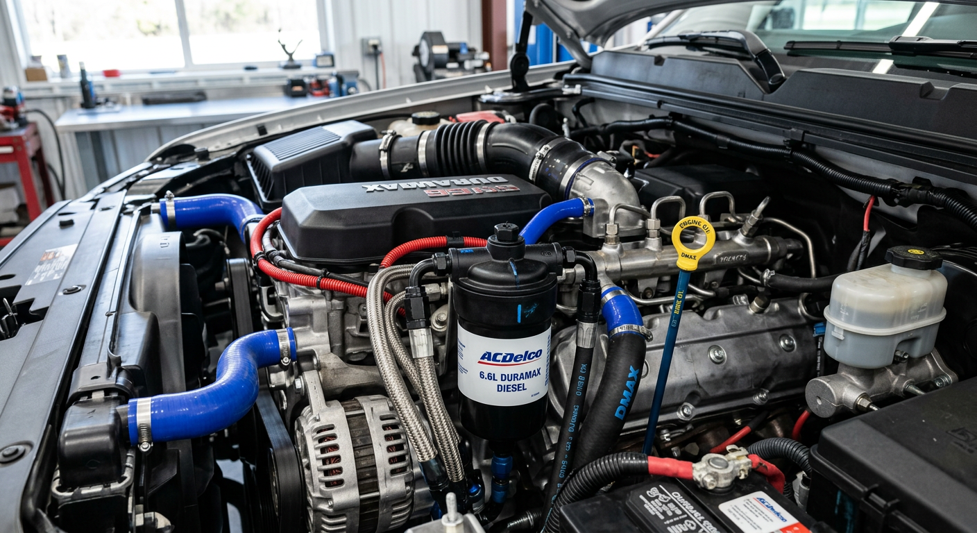 Close-up photorealistic view of a clean Duramax diesel engine bay with fuel filter housing, hoses, and service points clea...
