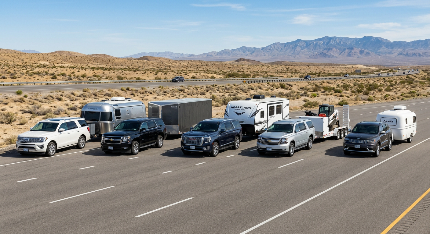 A photorealistic side-by-side outdoor lineup of a Ford Expedition, Chevrolet Tahoe, GMC Yukon, Chevrolet Suburban, and Jee...