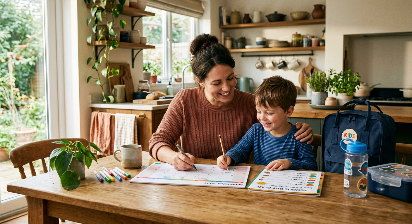 Child Refusing School Scottsdale: Signs, Causes, and Next Steps Warm, modern editorial illustration of a parent and child at a kitchen table creating a gentle school-morning plan togethe...