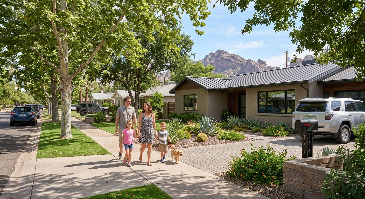 Photorealistic street-level scene in Park Scottsdale 85250, featuring a renovated ranch-style home, mature trees, a family...